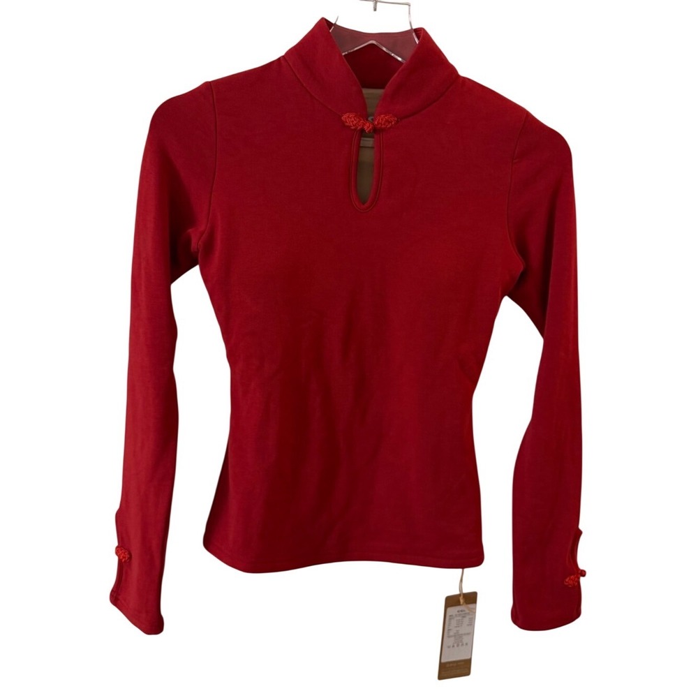 OGL Red Fitted Keyhole Mock Neck Top - Picture 6 of 16